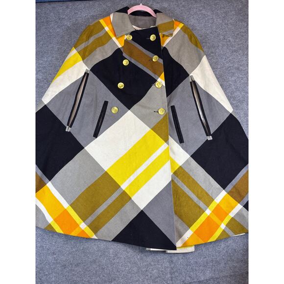 VINTAGE 60s Weatherbee Cape Womens Yellow Plaid Double Breasted Water Repellent - Picture 4 of 8